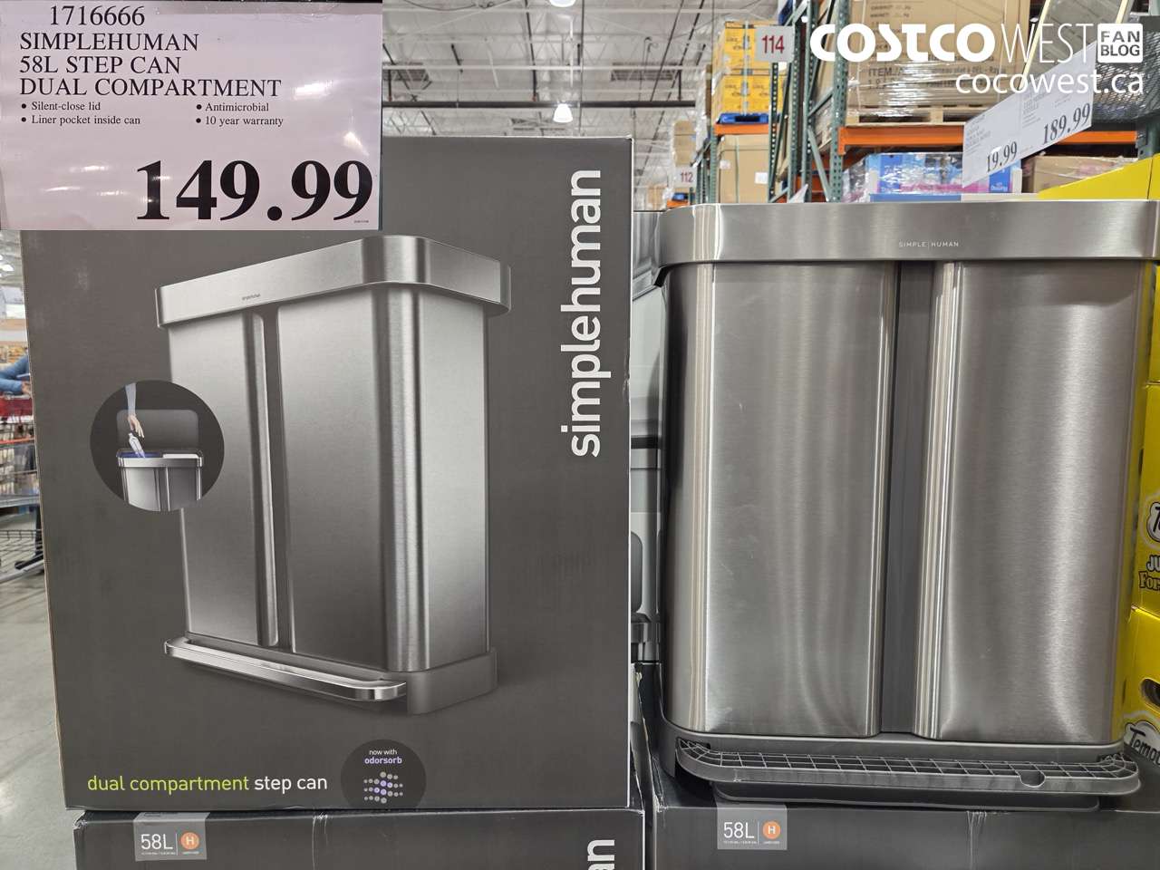 1716666 SIMPLEHUMAN 58L STEP CAN DUAL COMPARTMENT $149.99