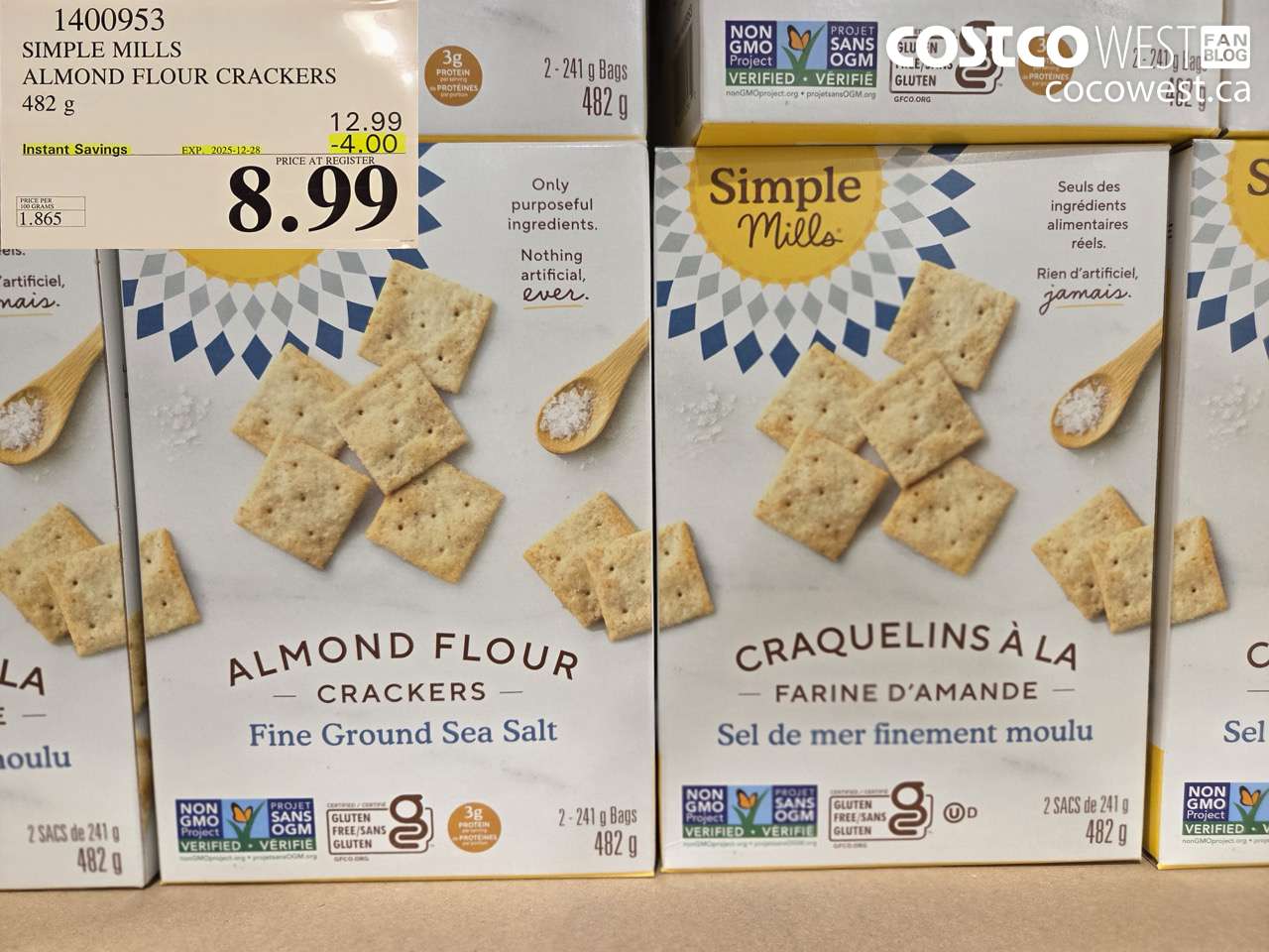 1400953 SIMPLE MILLS ALMOND FLOUR CRACKERS 482 g ($4.00 INSTANT SAVINGS EXPIRES ON 2025-12-28) $8.99