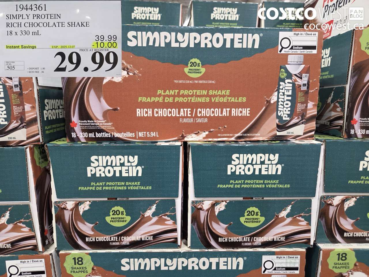 1944361 SIMPLY PROTEIN RICH CHOCOLATE SHAKE 18 X 330 ML ($10.00 INSTANT SAVINGS EXPIRES ON 2025-12-07) $29.99