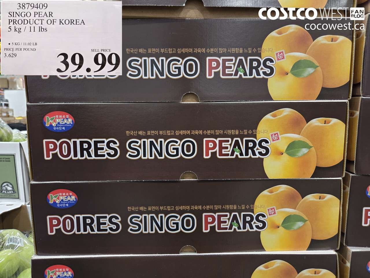 3879409 SINGO PEAR PRODUCT OF KOREA 5 kg / 11 Ibs $39.99