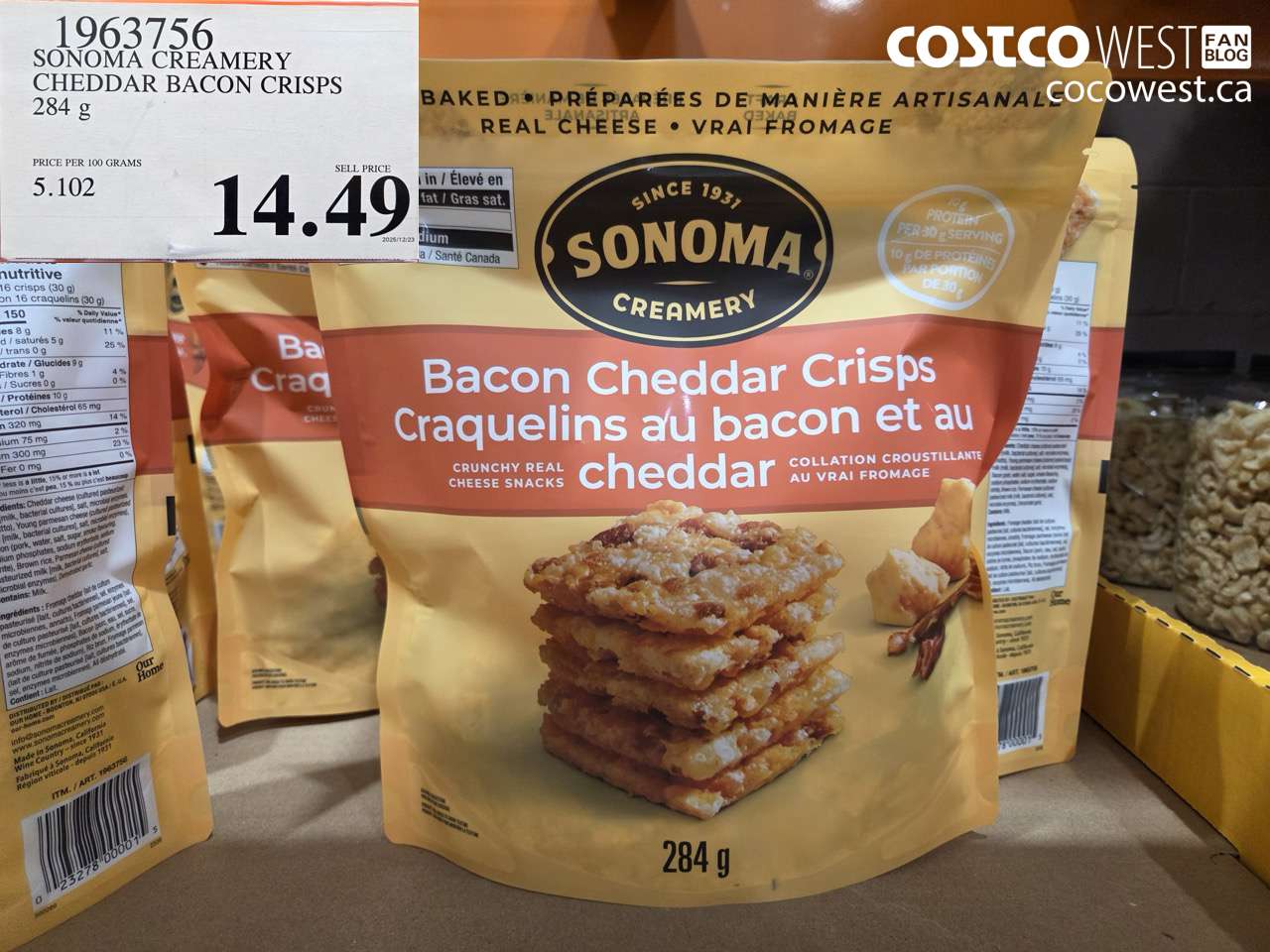 1963756 SONOMA CREAMERY CHEDDAR BACON CRISPS 284G $14.49