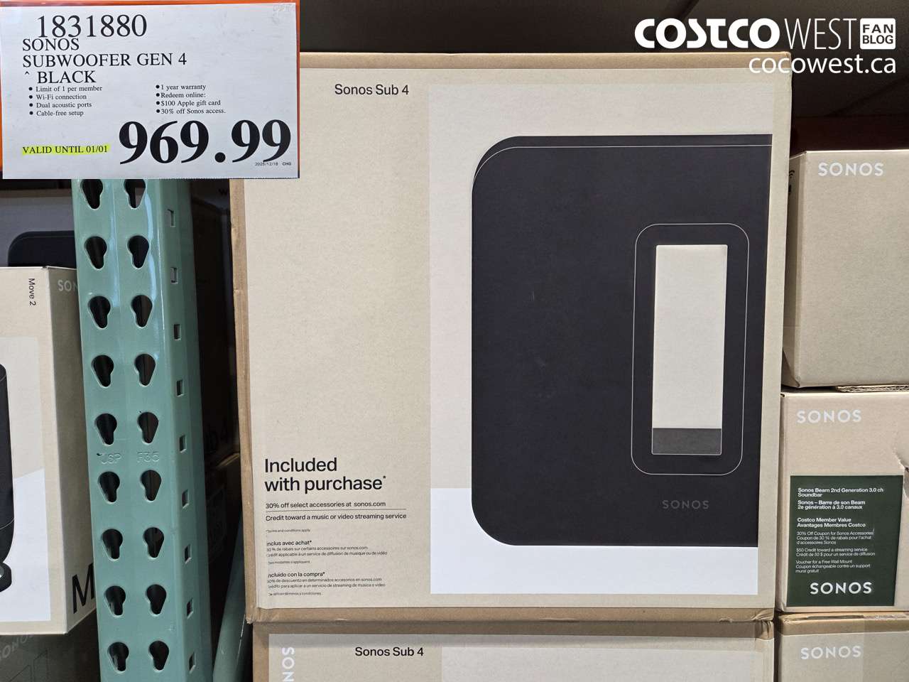 1831880 SONOS SUBWOOFER GEN 4 BLACK 2025-11-02 (EXPIRES ON 2026-01-01) $969.99
