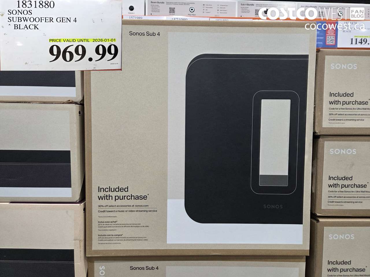 1831880 SONOS SUBWOOFER GEN 4 BLACK 2025-11-02 (EXPIRES ON 2026-01-01) $969.99