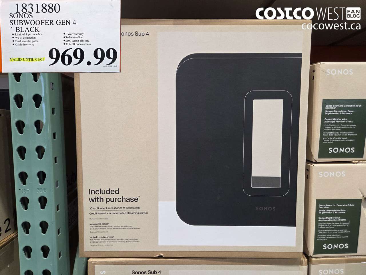 1831880 SONOS SUBWOOFER GEN 4 BLACK 2025-11-02 (EXPIRES ON 2026-01-01) $969.99