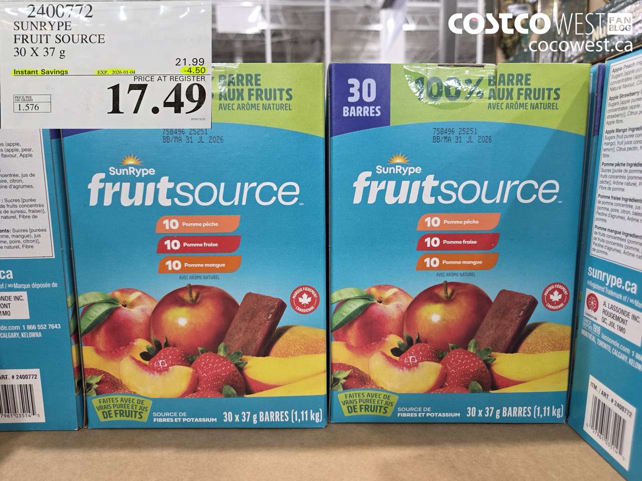 2400772 SONRYPE FRUIT SOURCE 30 X 37 g ($4.50 INSTANT SAVINGS EXPIRES ON 2026-01-04) $17.49
