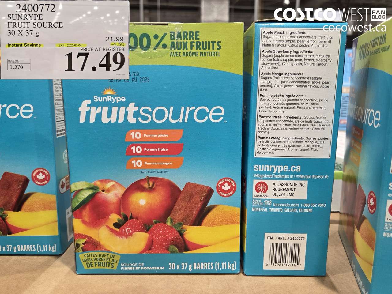 2400772 SONRYPE FRUIT SOURCE 30 X 37 g ($4.50 INSTANT SAVINGS EXPIRES ON 2026-01-04) $17.49