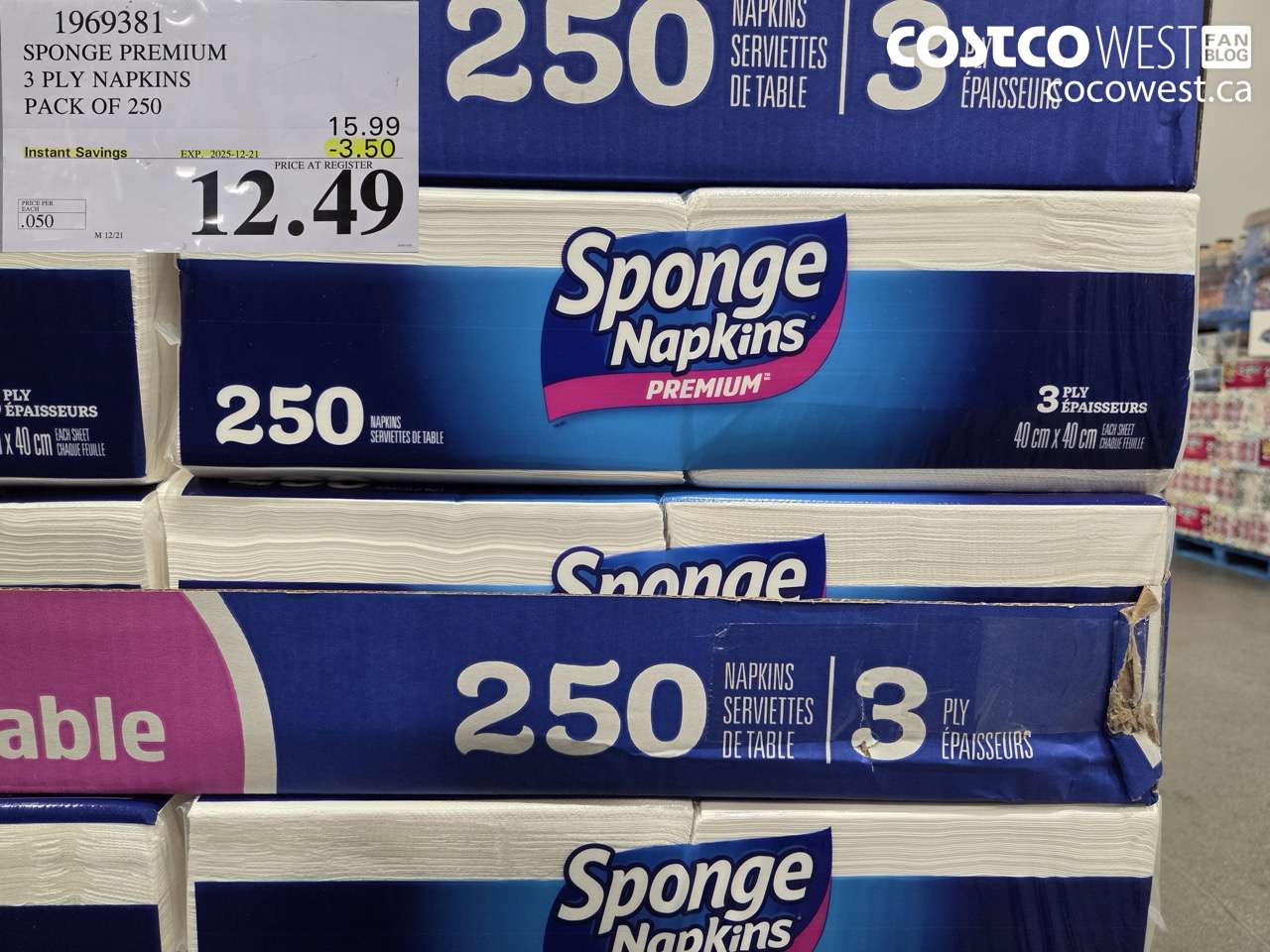 1969381 SPONGE PREMIUM 3 PLY NAPKINS PACK OF 250 ($3.50 INSTANT SAVINGS EXPIRES ON 2025-12-21) $12.49