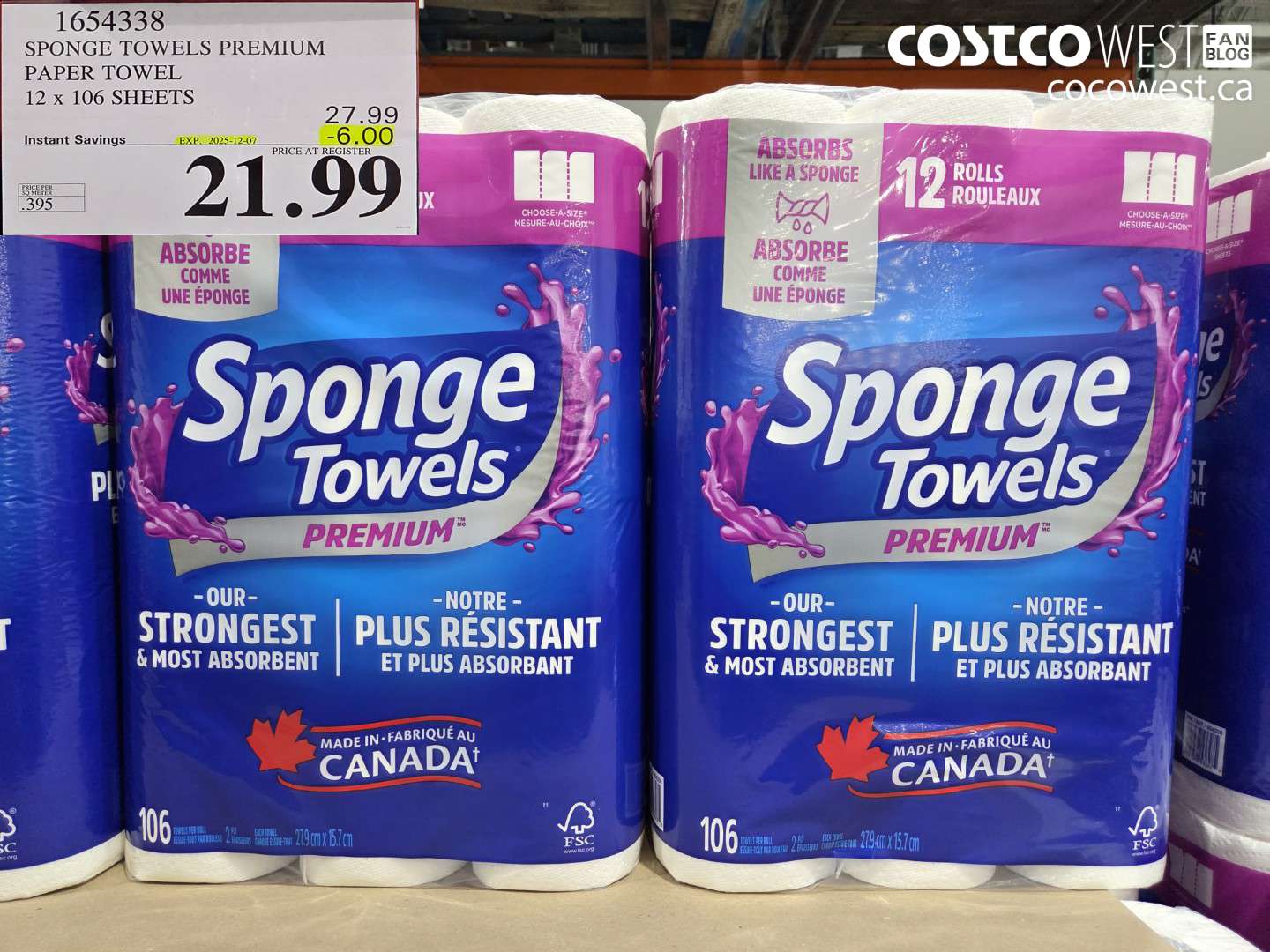 1654338 SPONGE TOWELS PREMIUM PAPER TOWEL 12 X 106 SHEETS ($6.00 INSTANT SAVINGS EXPIRES ON 2025-12-07) $21.99