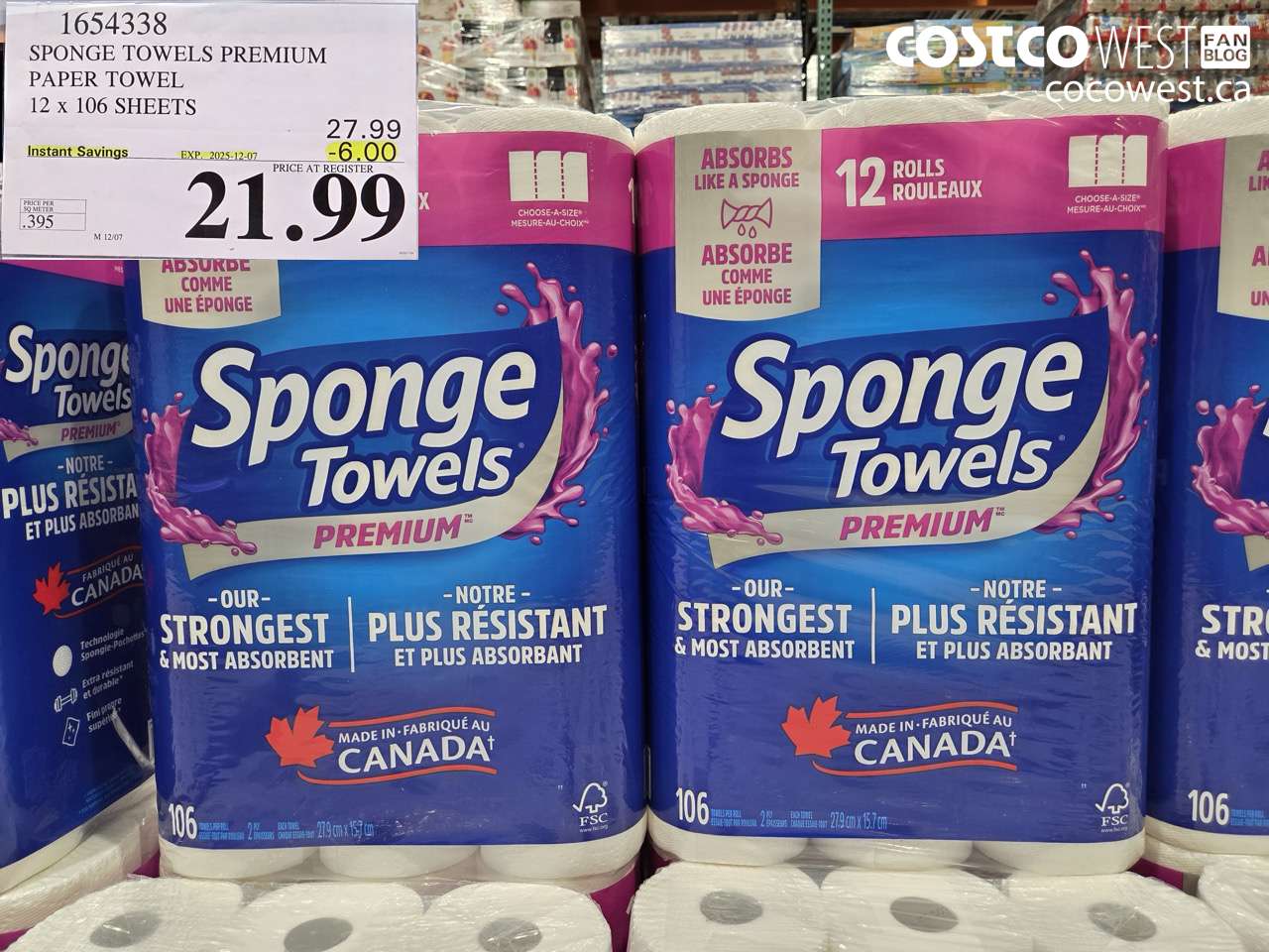 1654338 SPONGE TOWELS PREMIUM PAPER TOWEL 12 X 106 SHEETS ($6.00 INSTANT SAVINGS EXPIRES ON 2025-12-07) $21.99