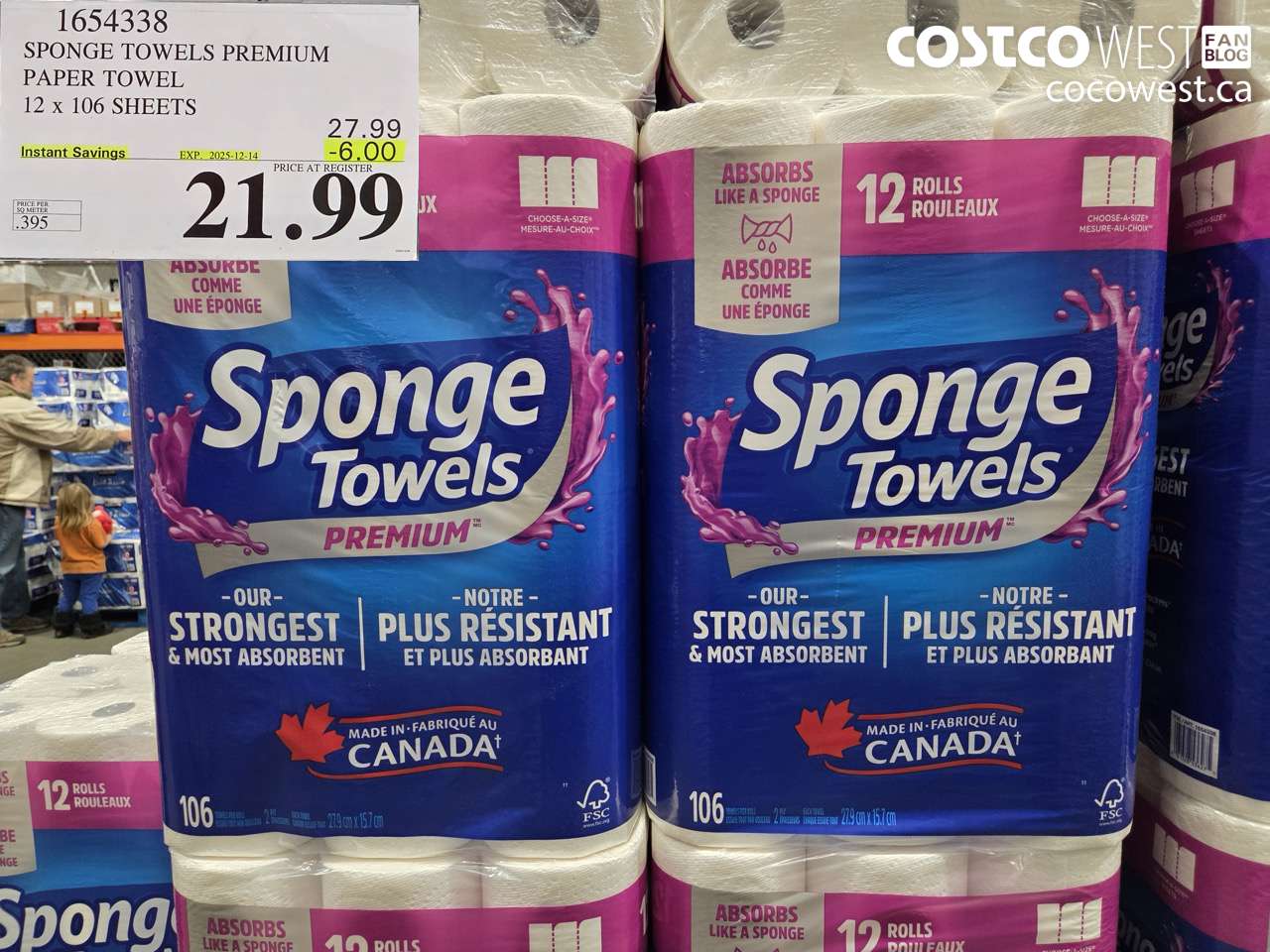 1654338 SPONGE TOWELS PREMIUM PAPER TOWEL 12 X 106 SHEETS ($6.00 INSTANT SAVINGS EXPIRES ON 2025-12-14) $21.99