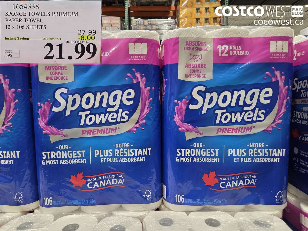 1654338 SPONGE TOWELS PREMIUM PAPER TOWEL 12 X 106 SHEETS ($6.00 INSTANT SAVINGS EXPIRES ON 2025-12-14) $21.99