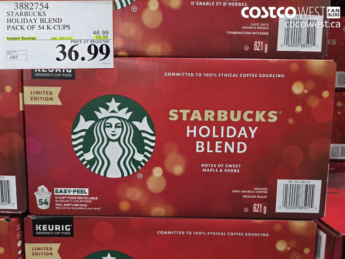 3882754 STARBUCKS HOLIDAY BLEND PACK OF 54 K-CUPS ($10.00 INSTANT SAVINGS EXPIRES ON 2025-12-21) $36.99