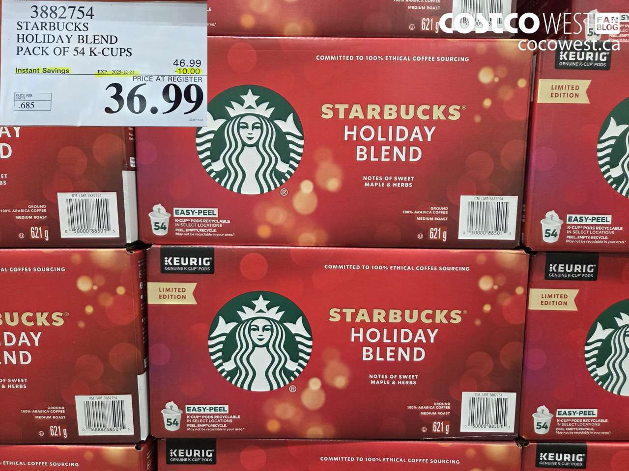 3882754 STARBUCKS HOLIDAY BLEND PACK OF 54 K-CUPS ($10.00 INSTANT SAVINGS EXPIRES ON 2025-12-21) $36.99