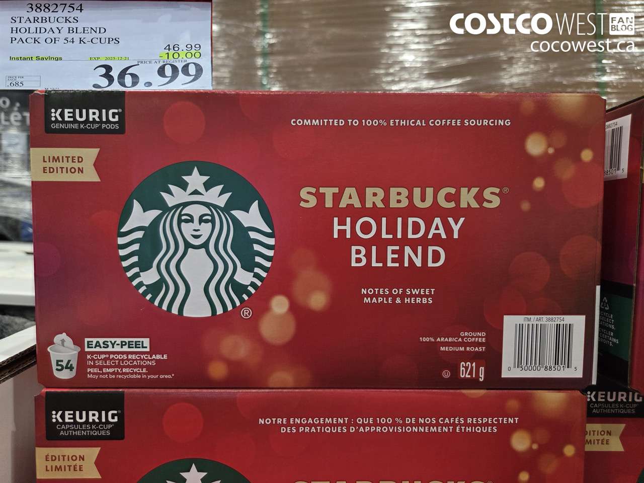 3882754 STARBUCKS HOLIDAY BLEND PACK OF 54 K-CUPS ($10.00 INSTANT SAVINGS EXPIRES ON 2025-12-21) $36.99