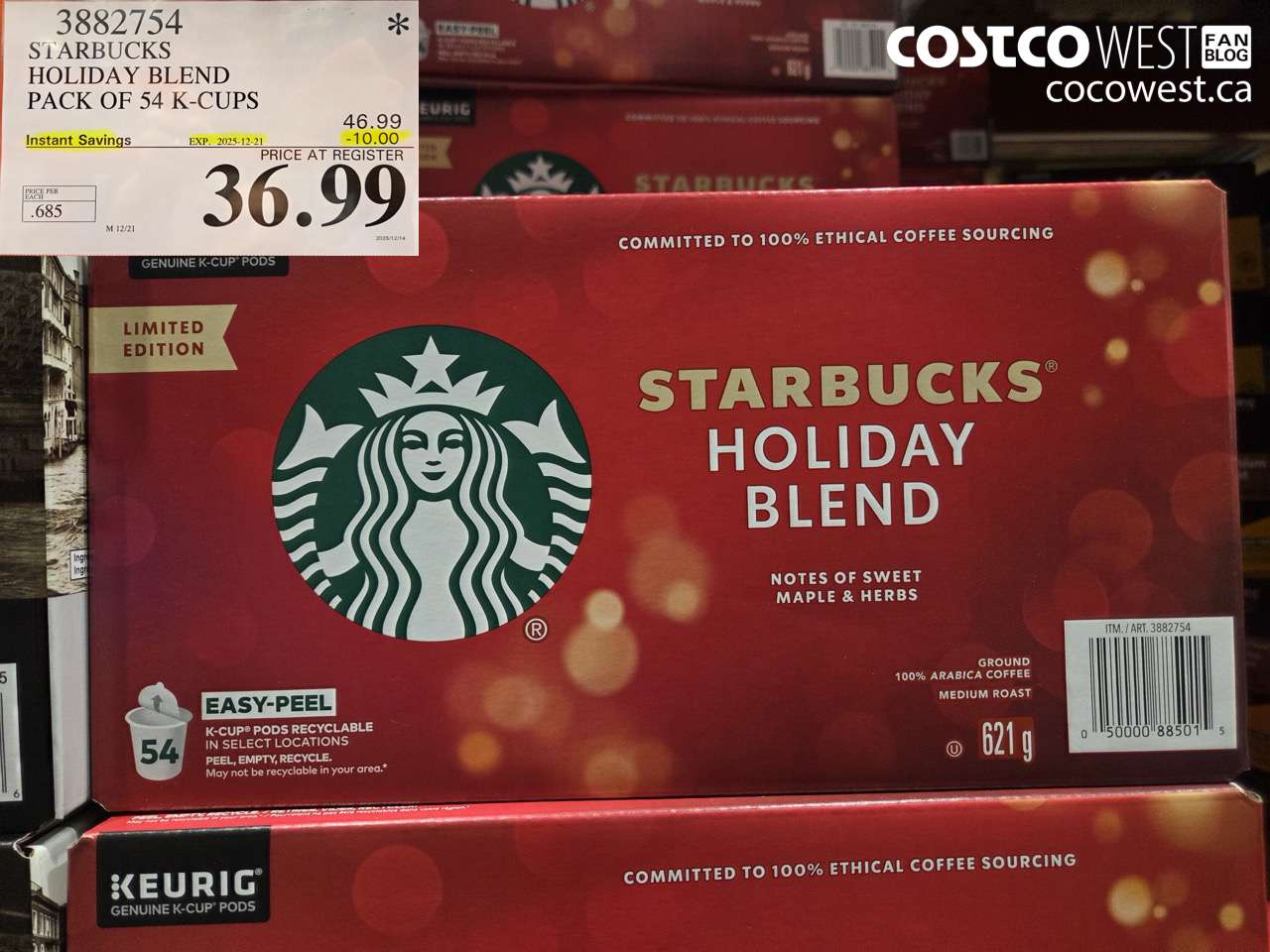 3882754 STARBUCKS HOLIDAY BLEND PACK OF 54 K-CUPS ($10.00 INSTANT SAVINGS EXPIRES ON 2025-12-21) $36.99