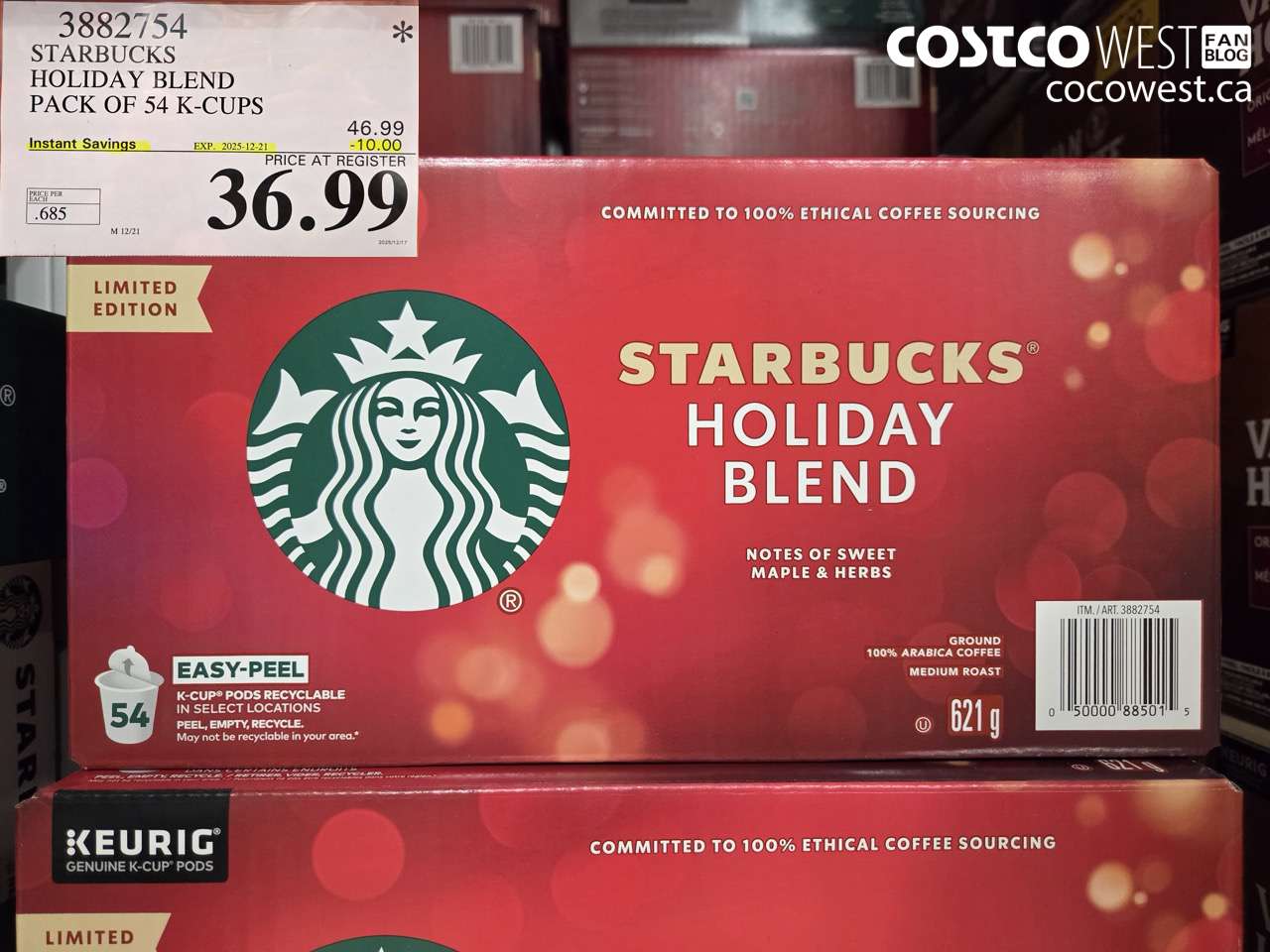 3882754 STARBUCKS HOLIDAY BLEND PACK OF 54 K-CUPS ($10.00 INSTANT SAVINGS EXPIRES ON 2025-12-21) $36.99