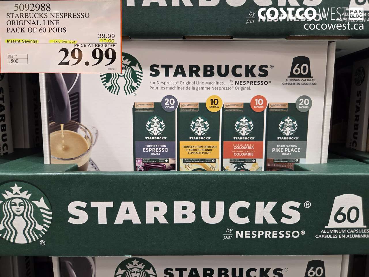 5092988 STARBUCKS NESPRESSO ORIGINAL LINE PACK OF 60 PODS ($10.00 INSTANT SAVINGS EXPIRES ON 2025-12-28) $29.99