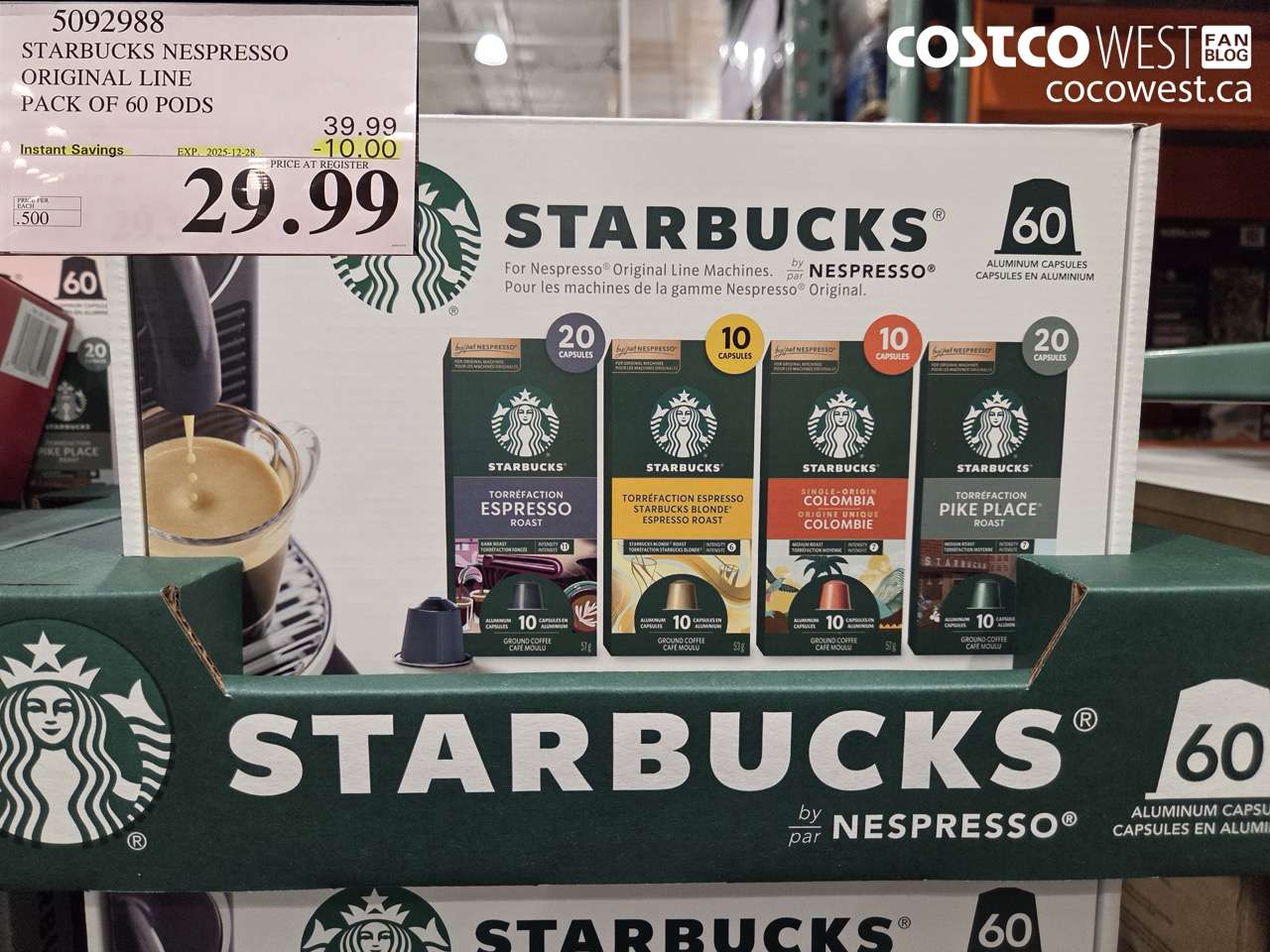 5092988 STARBUCKS NESPRESSO ORIGINAL LINE PACK OF 60 PODS ($10.00 INSTANT SAVINGS EXPIRES ON 2025-12-28) $29.99