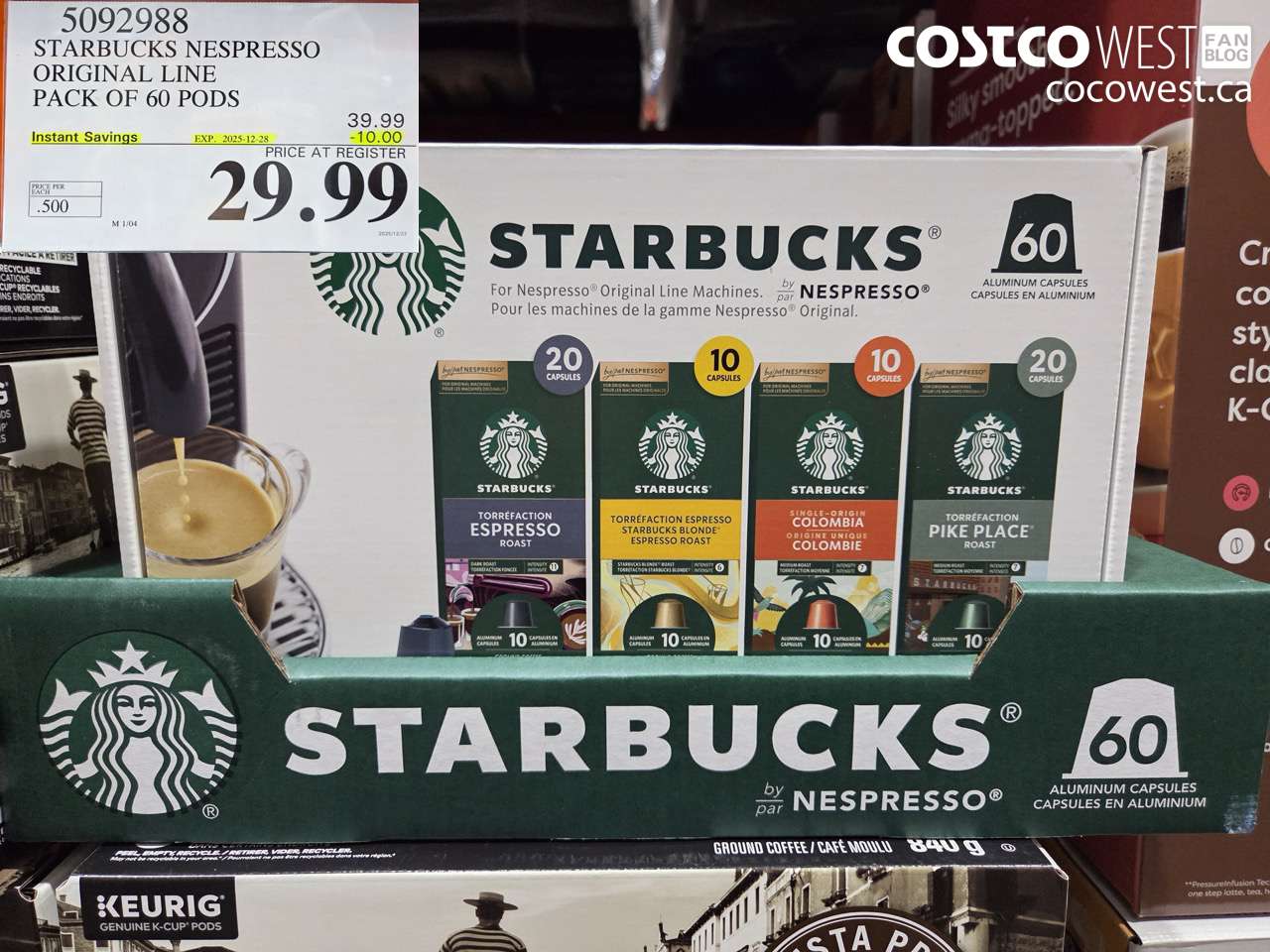 5092988 STARBUCKS NESPRESSO ORIGINAL LINE PACK OF 60 PODS ($10.00 INSTANT SAVINGS EXPIRES ON 2025-12-28) $29.99