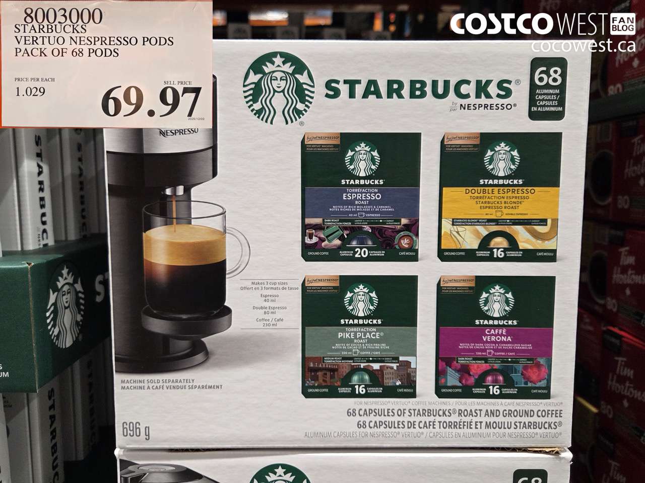 8003000 STARBUCKS VERTUO NESPRESSO PODS PACK OF 68 PODS $69.97