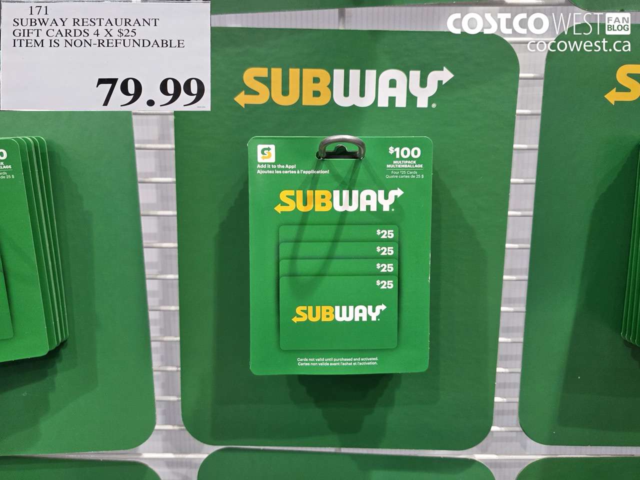 171 SUBWAY RESTAURANT GIFT CARDS 4 X $25 ITEM IS NON-REFUNDABLE $79.99