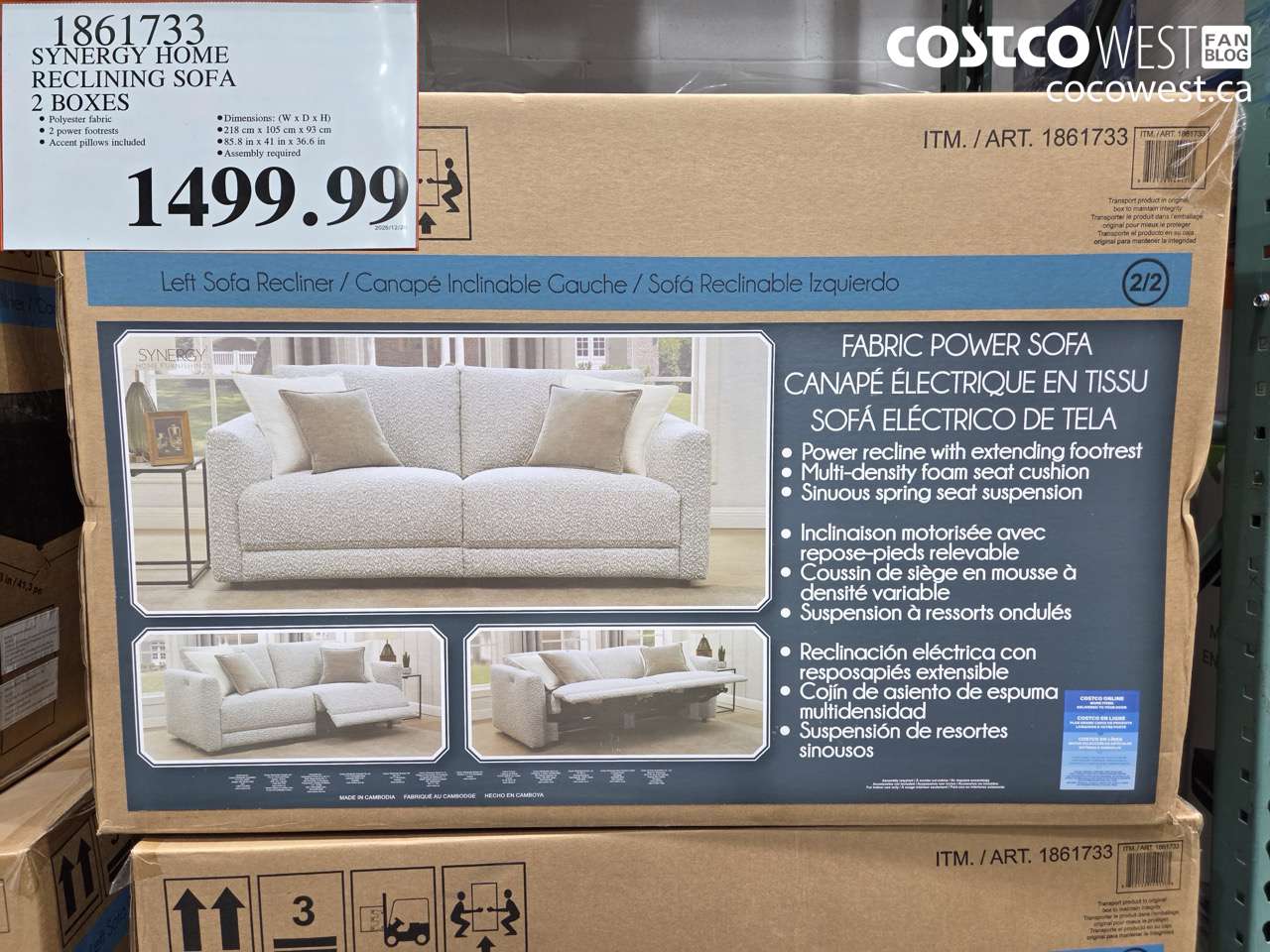 1861733 SYNERGY HOME RECLINING SOFA 2 BOXES $1499.99