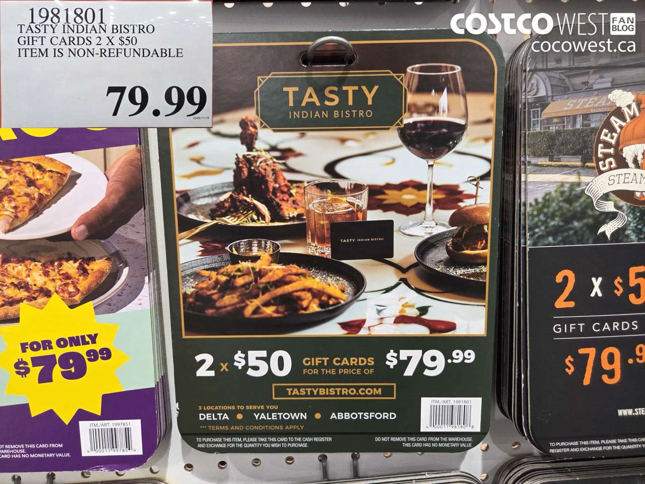 1981801 TASTY INDIAN BISTRO GIFT CARDS 2 X $50 ITEM IS NON-REFUNDABLE $79.99