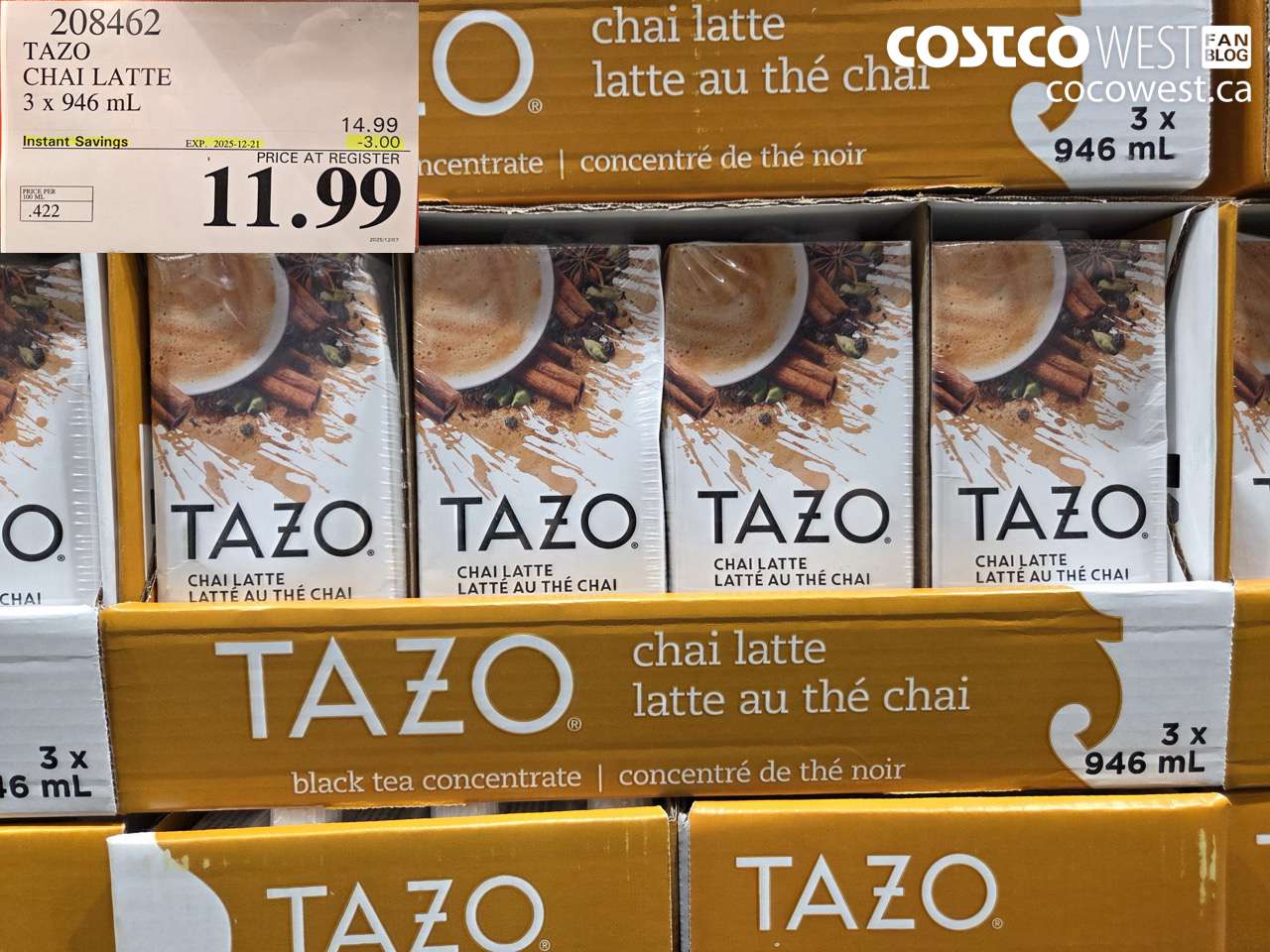 208462 TAZO CHAI LATTE 3 x 946 mL ($3.00 INSTANT SAVINGS EXPIRES ON 2025-12-21) $11.99