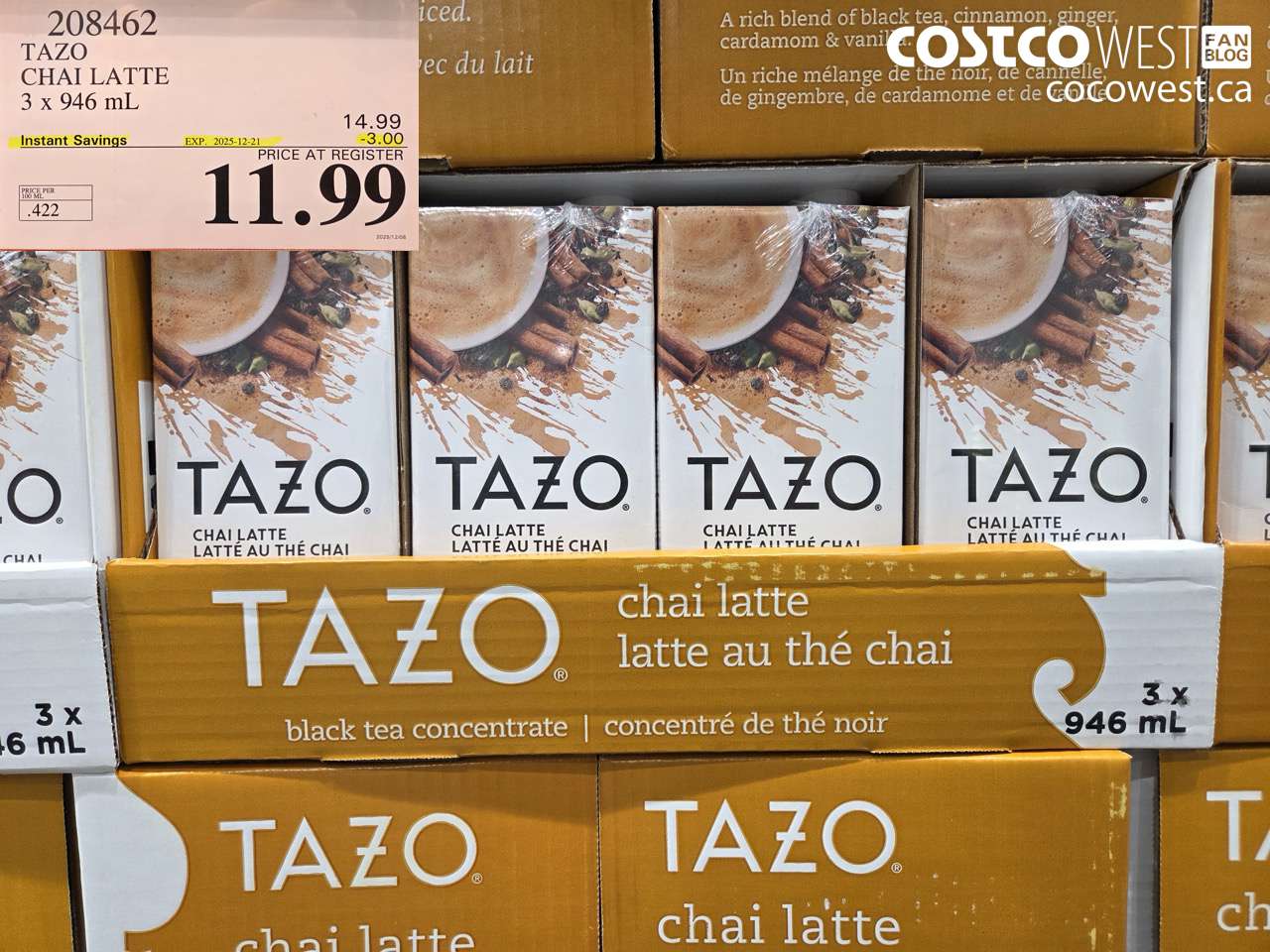 208462 TAZO CHAI LATTE 3 x 946 mL ($3.00 INSTANT SAVINGS EXPIRES ON 2025-12-21) $11.99