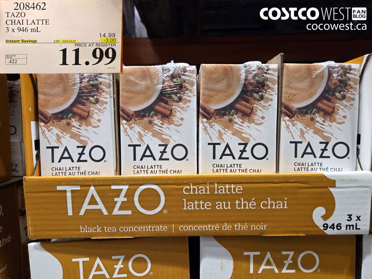 208462 TAZO CHAI LATTE 3 x 946 mL ($3.00 INSTANT SAVINGS EXPIRES ON 2025-12-21) $11.99