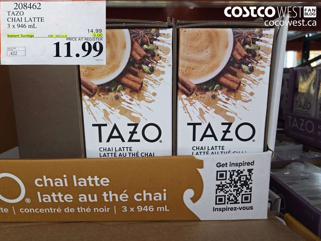 208462 TAZO CHAI LATTE 3 x 946 mL ($3.00 INSTANT SAVINGS EXPIRES ON 2025-12-24) $11.99