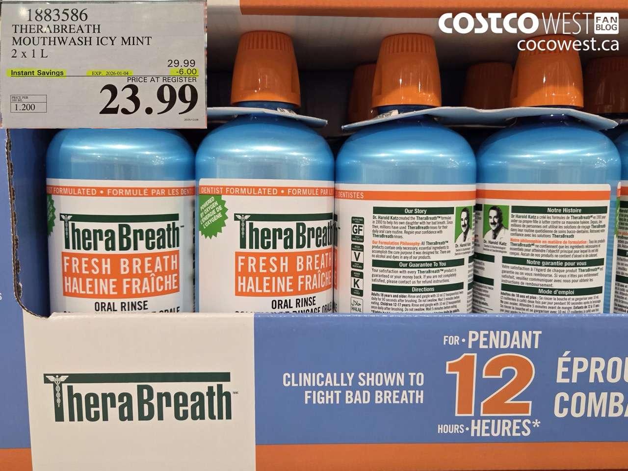 1883586 THERABREATH MOUTHWASH ICY MINT 2 X 1L ($6.00 INSTANT SAVINGS EXPIRES ON 2026-01-04) $23.99