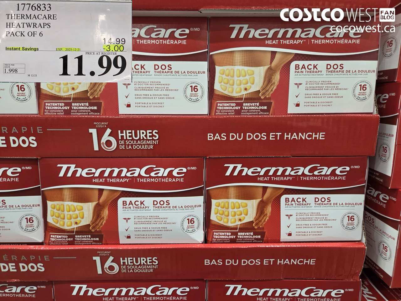 1776833 THERMACARE HEATWRAPS BACK PAIN THERAPY PACK OF 6 ($3.00 INSTANT SAVINGS EXPIRES ON 2025-12-21) $11.99