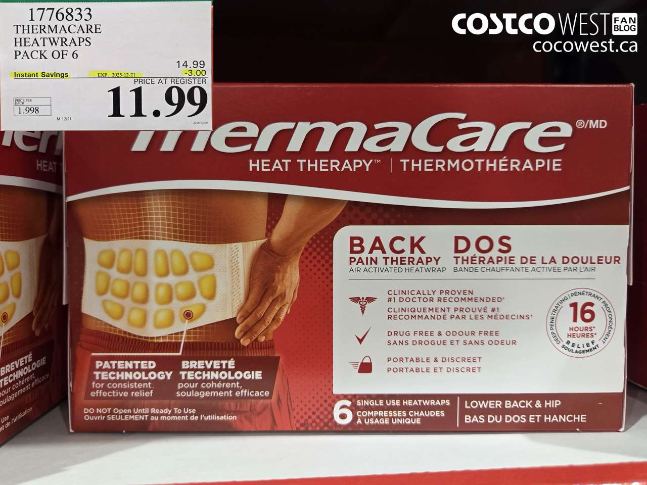 1776833 THERMACARE HEATWRAPS BACK PAIN THERAPY PACK OF 6 ($3.00 INSTANT SAVINGS EXPIRES ON 2025-12-21) $11.99