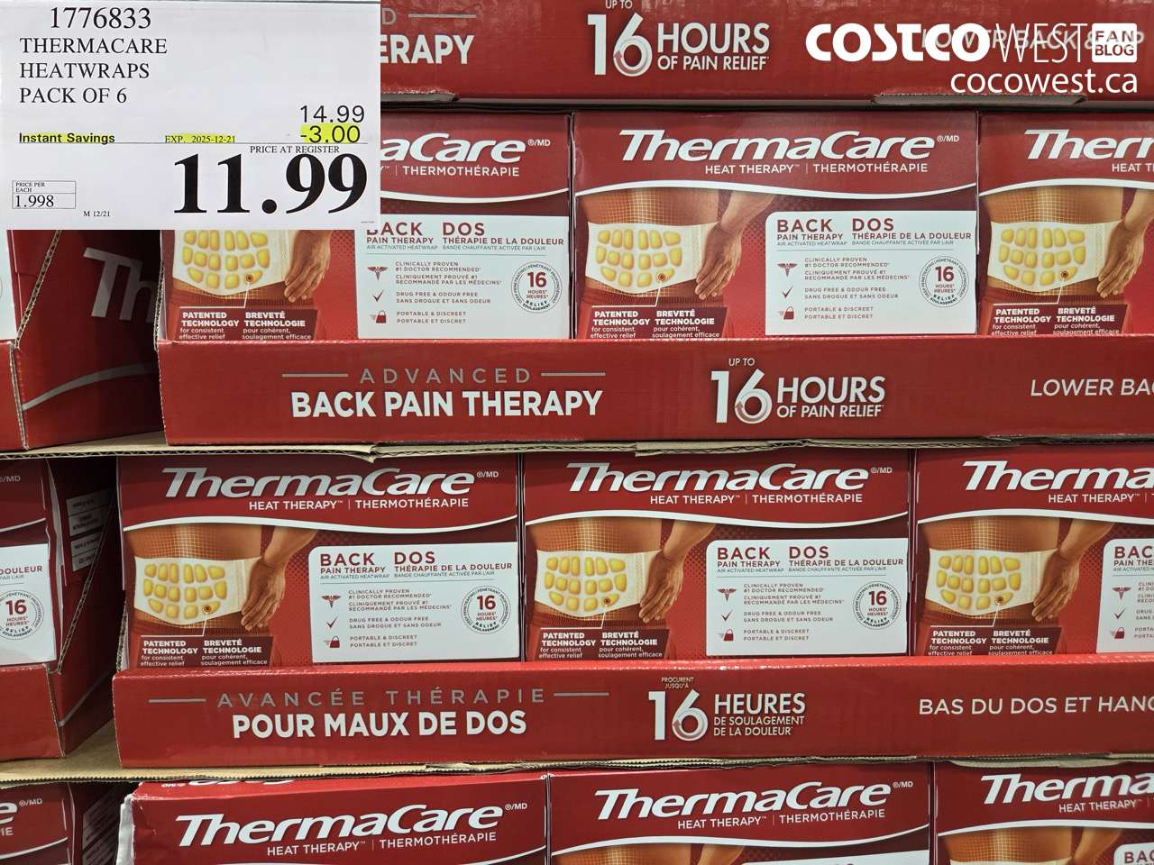 1776833 THERMACARE HEATWRAPS BACK PAIN THERAPY PACK OF 6 ($3.00 INSTANT SAVINGS EXPIRES ON 2025-12-21) $11.99