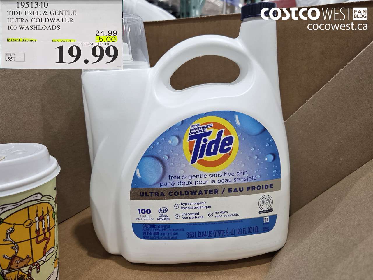 1951340 TIDE FREE & GENTLE ULTRA COLDWATER 100 WASHLOADS ($5.00 INSTANT SAVINGS EXPIRES ON 2026-01-18) $19.99