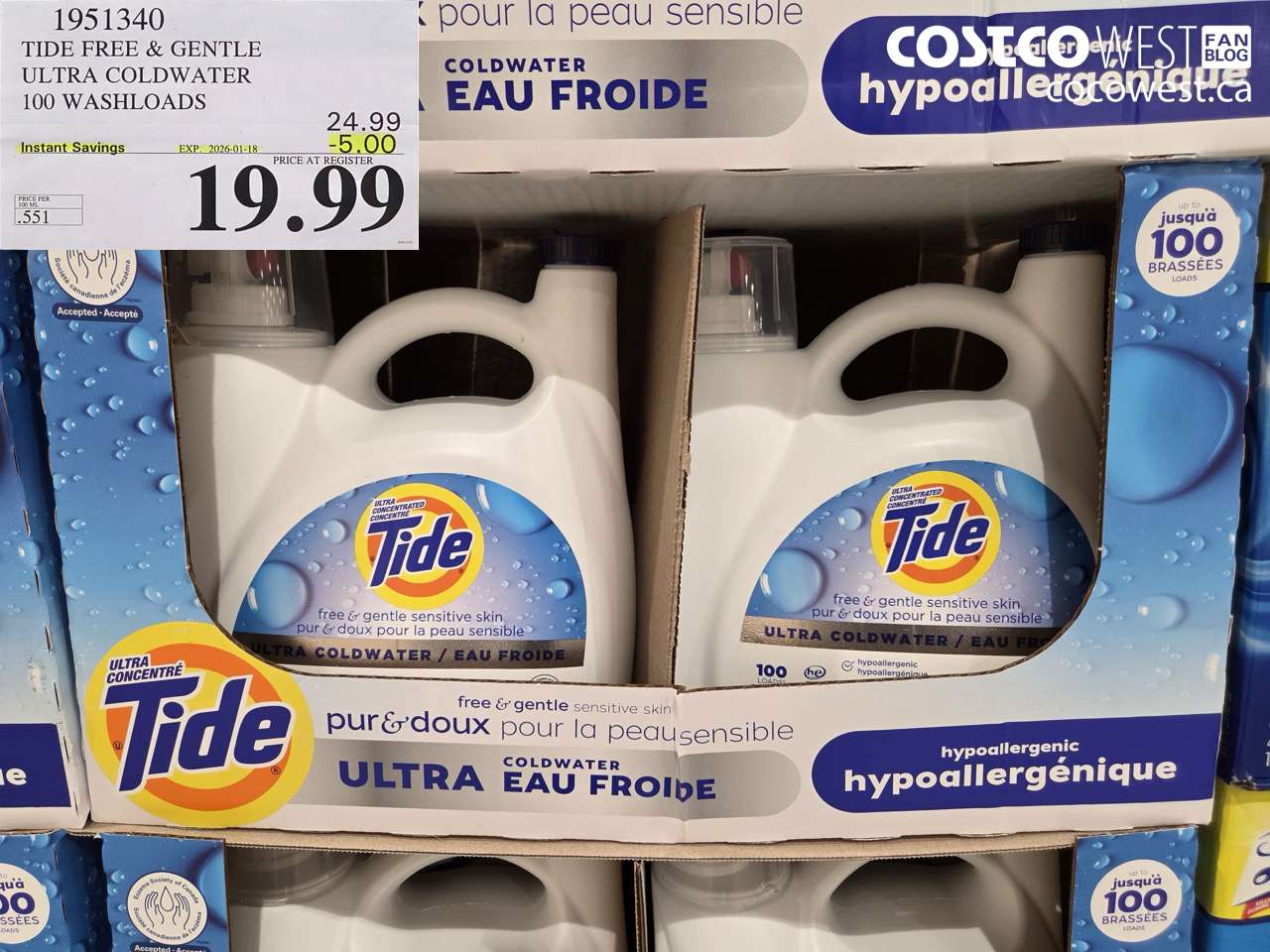 1951340 TIDE FREE & GENTLE ULTRA COLDWATER 100 WASHLOADS ($5.00 INSTANT SAVINGS EXPIRES ON 2026-01-18) $19.99
