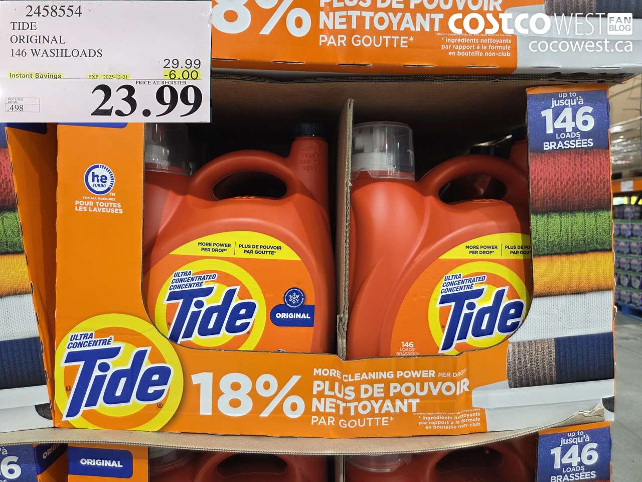 2458554 TIDE HE LIQUID DETERGENT 4.82 L 146 WASHLOADS ($6.00 INSTANT SAVINGS EXPIRES ON 2025-12-21) $23.99
