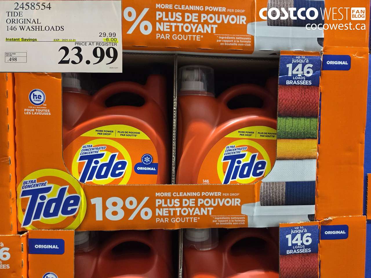 2458554 TIDE HE LIQUID DETERGENT 4.82 L 146 WASHLOADS ($6.00 INSTANT SAVINGS EXPIRES ON 2025-12-21) $23.99