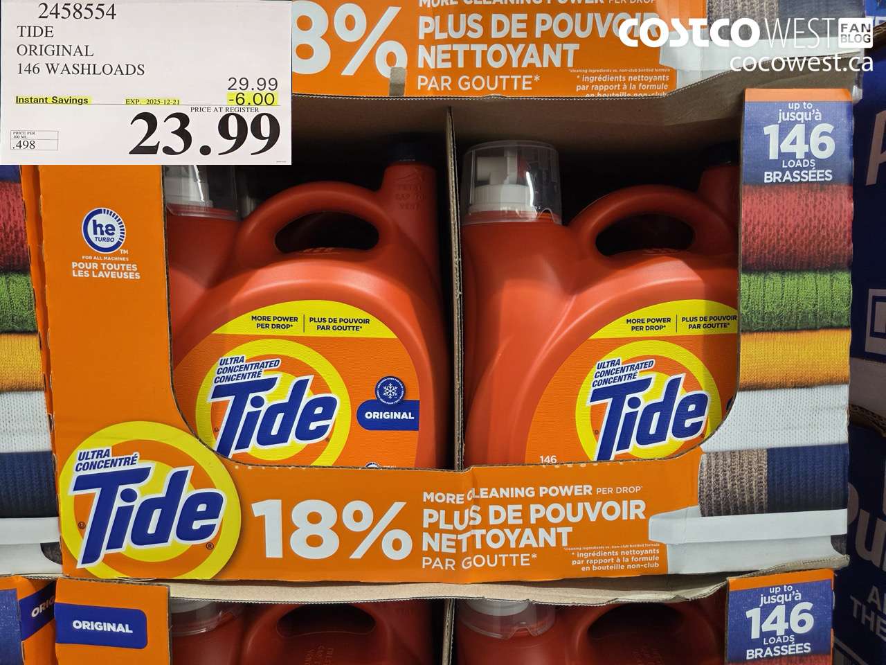 2458554 TIDE HE LIQUID DETERGENT 4.82 L 146 WASHLOADS ($6.00 INSTANT SAVINGS EXPIRES ON 2025-12-21) $23.99