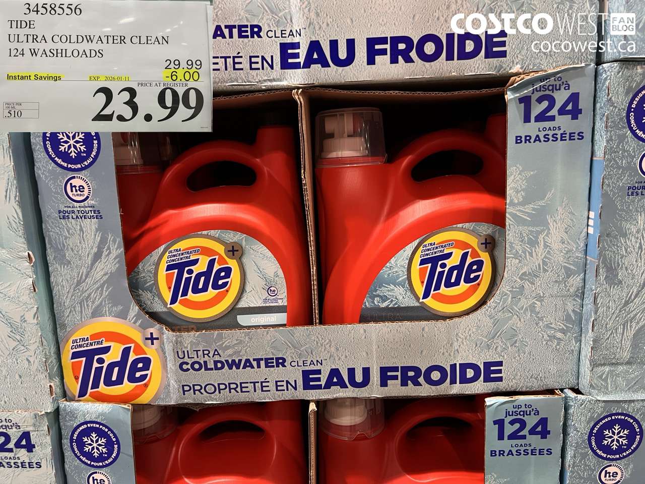 3458556 TIDE LIQUID COLDWATER HE 4.7L 124 WASHLOADS ($6.00 INSTANT SAVINGS EXPIRES ON 2026-01-11) $23.99
