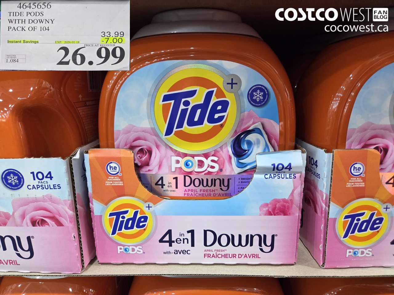4645656 TIDE PODS WITH DOWNY PACK OF 104 ($7.00 INSTANT SAVINGS EXPIRES ON 2026-01-18) $26.99