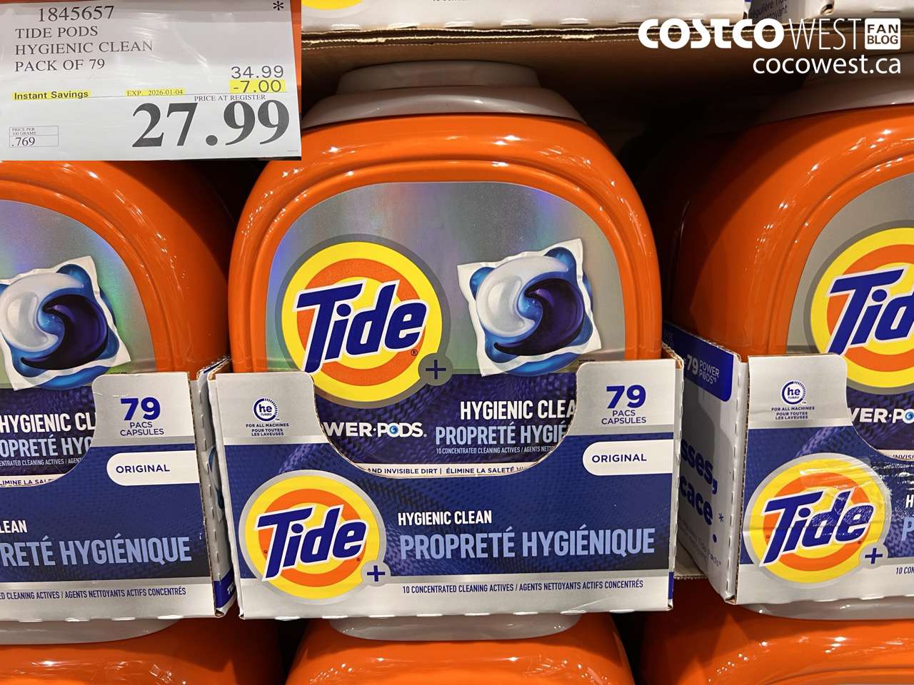1845657 TIDE POWER PODS HYGIENIC CLEAN PACK OF 79 ($7.00 INSTANT SAVINGS EXPIRES ON 2026-01-04) $27.99