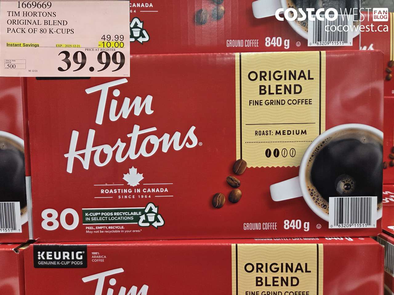 1669669 TIM HORTONS ORIGINAL BLEND K-CUPS 80 COUNT ($10.00 INSTANT SAVINGS EXPIRES ON 2025-12-21) $39.99