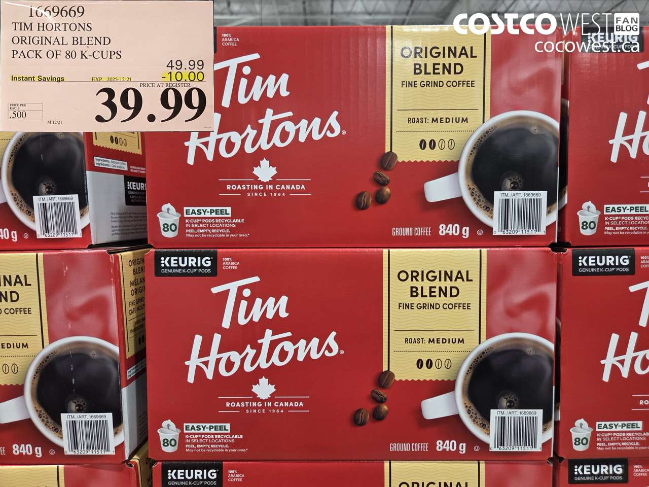 1669669 TIM HORTONS ORIGINAL BLEND K-CUPS 80 COUNT ($10.00 INSTANT SAVINGS EXPIRES ON 2025-12-21) $39.99