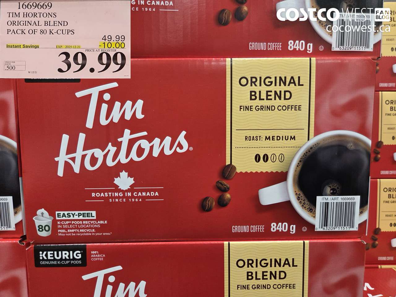 1669669 TIM HORTONS ORIGINAL BLEND K-CUPS 80 COUNT ($10.00 INSTANT SAVINGS EXPIRES ON 2025-12-21) $39.99
