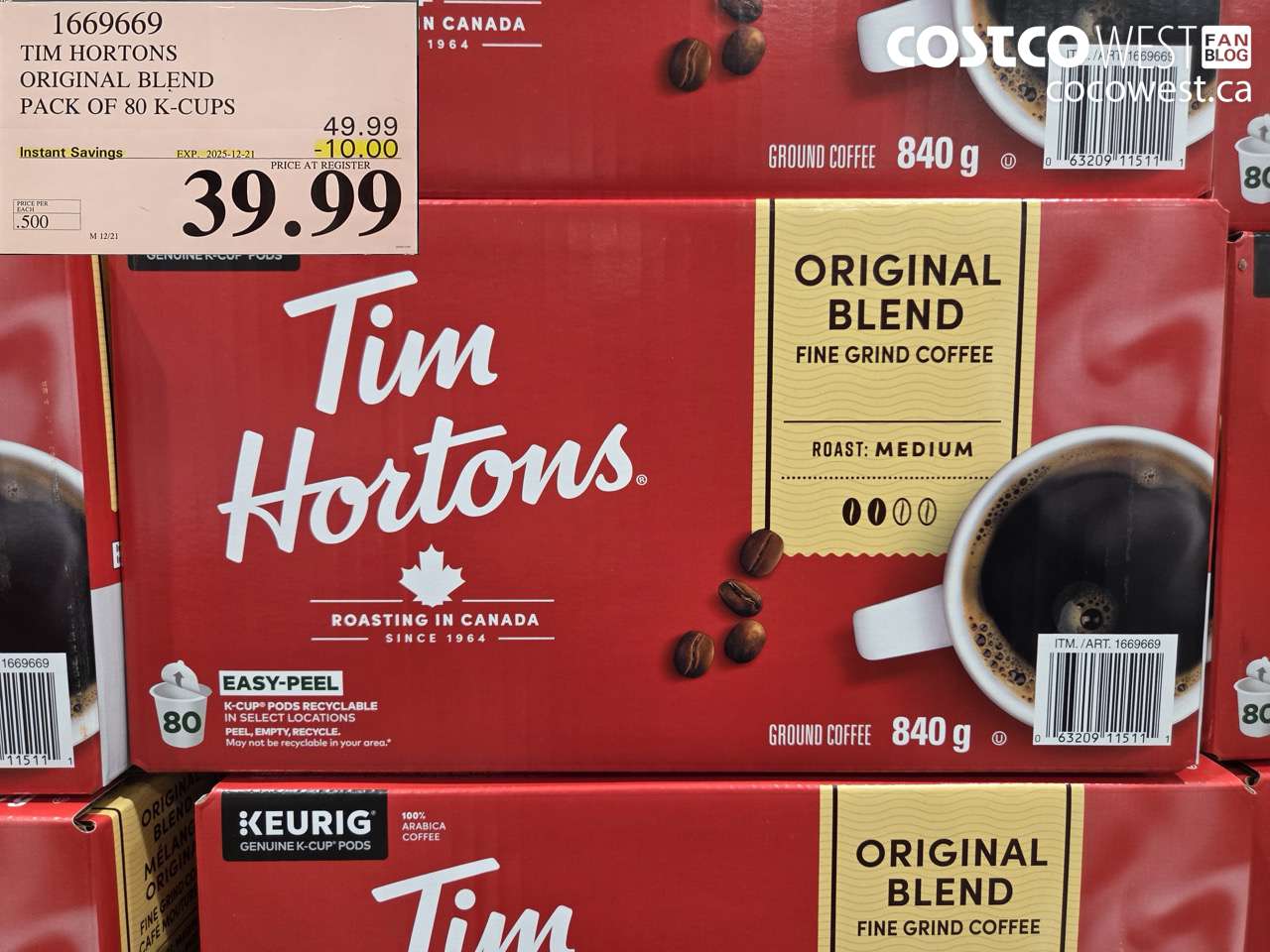 1669669 TIM HORTONS ORIGINAL BLEND K-CUPS 80 COUNT ($10.00 INSTANT SAVINGS EXPIRES ON 2025-12-21) $39.99
