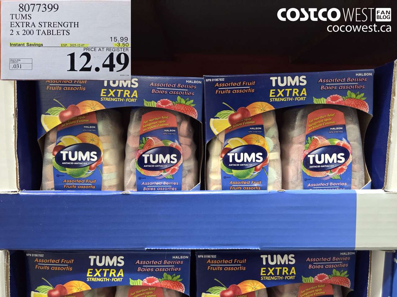 8077399 TUMS EXTRA STRENGTH 2 X 200 TABLETS ($3.50 INSTANT SAVINGS EXPIRES ON 2025-12-07) $12.49