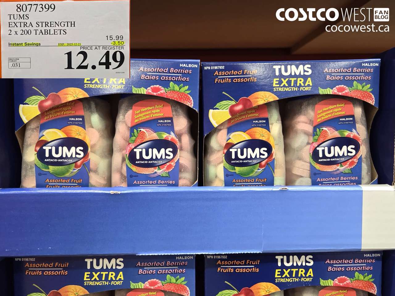 8077399 TUMS EXTRA STRENGTH 2 X 200 TABLETS ($3.50 INSTANT SAVINGS EXPIRES ON 2025-12-21) $12.49