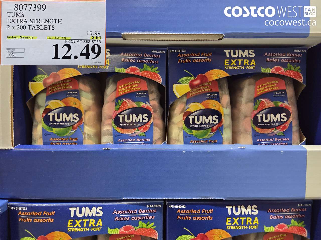 8077399 TUMS EXTRA STRENGTH 2 X 200 TABLETS ($3.50 INSTANT SAVINGS EXPIRES ON 2025-12-21) $12.49